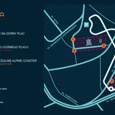 Mapa Esplanady w Szklarskiej Porębie. Wskazuje wejścia, atrakcje, kawiarnię i parking dla gości.