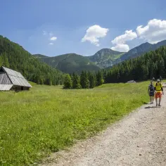 Dolina Jaworzynki, zielona łąka, drewniana chata i turyści na szlaku.