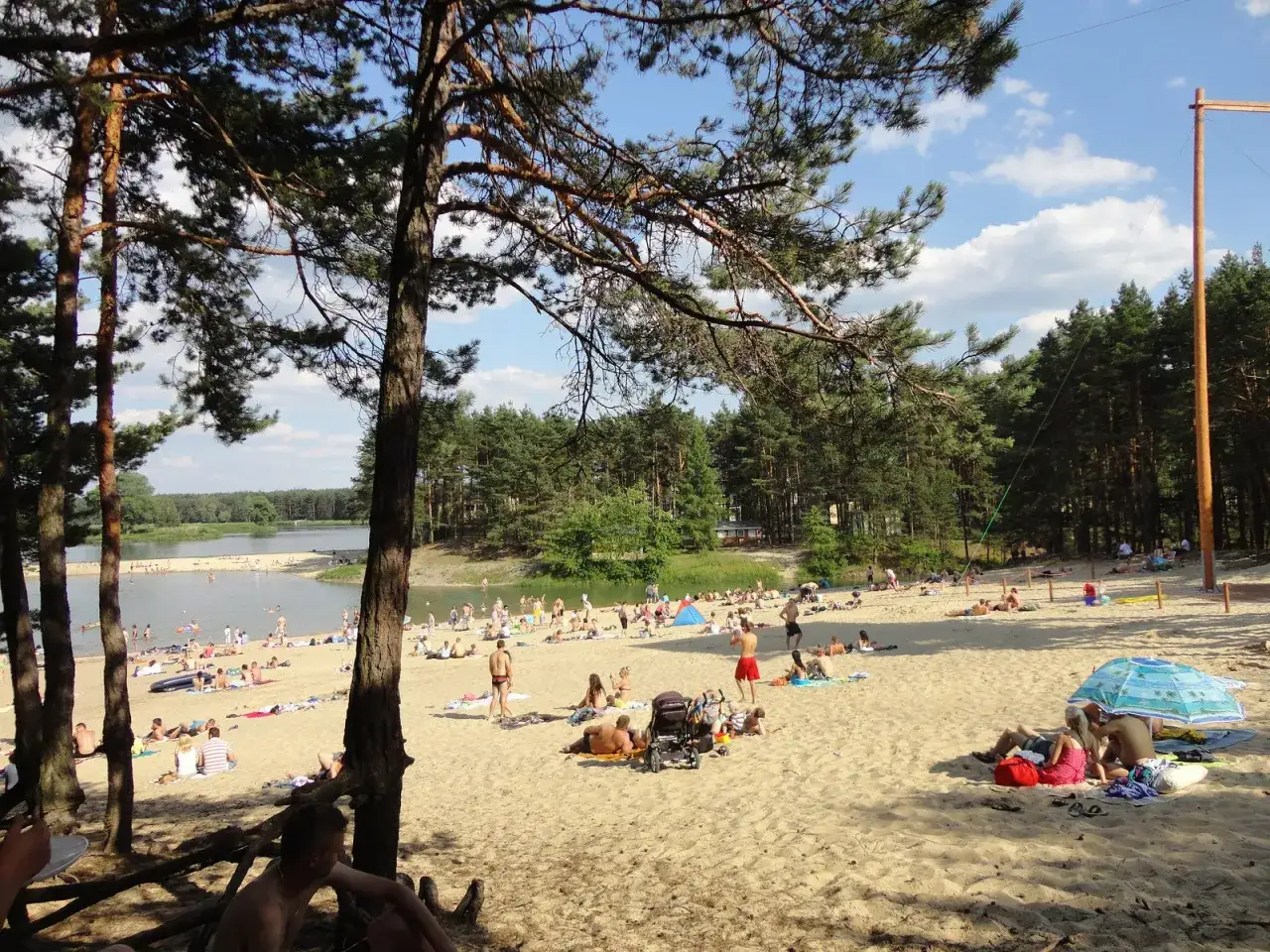 Słoneczny dzień nad zalewem w Janowie Lubelskim. Ludzie odpoczywają na piaszczystej plaży, kąpią się w wodzie i opalają.