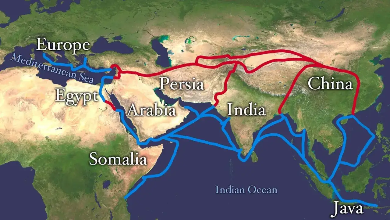 Mapa szlaków handlowych z Europy do Chin, z zaznaczonymi trasami morskimi i lądowymi. Ciekawe, jakimi drogami podróżował Marco Polo!